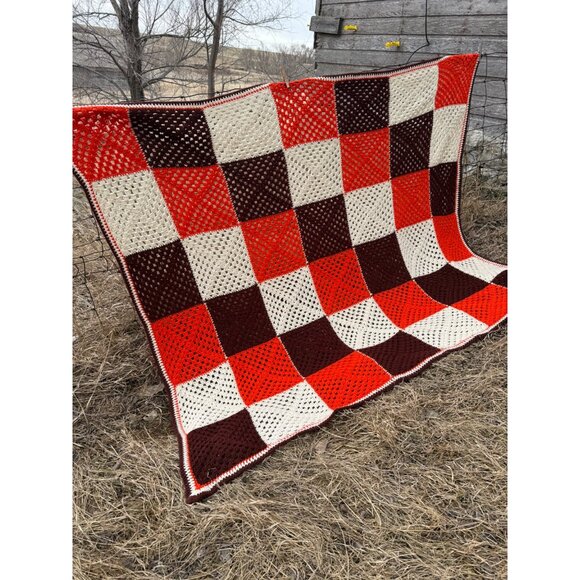 Vintage 1970s Crochet Patchwork Afghan Throw Boho Retro - Picture 9 of 12